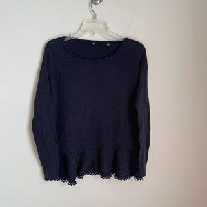 Anthropologie Knitted & Knotted Navy Blue Bloom Lace Trim Sweater